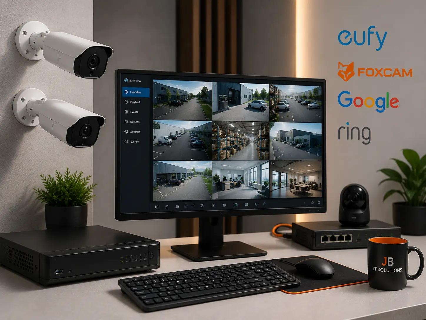 Netwerkkast met PoE-switch, videorecorder en opslag voor beveiligingscamera’s