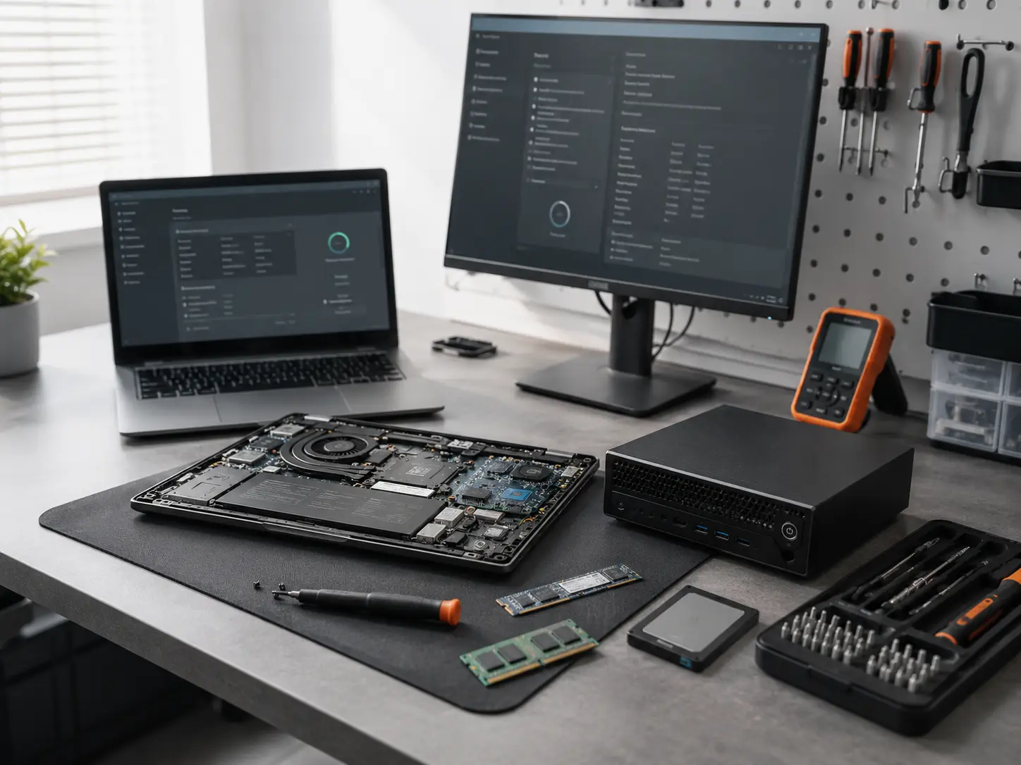 Werkbank met geopende desktopcomputer en professionele diagnoseapparatuur