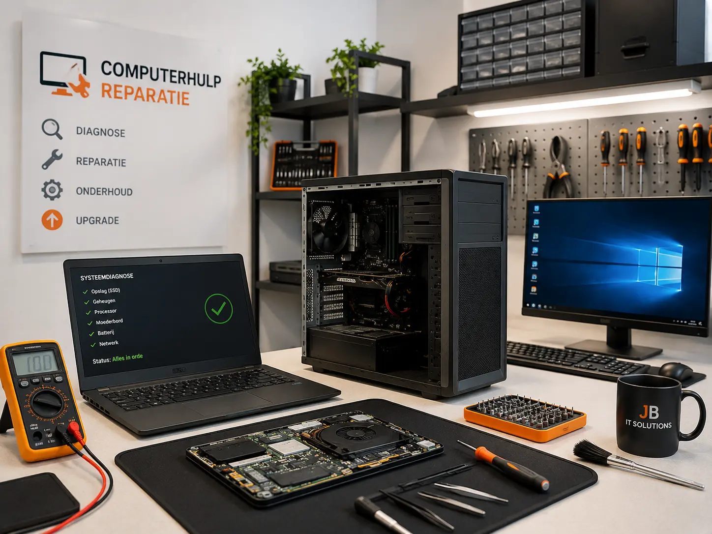 Geopende laptop met SSD, geheugenmodules en onderhoudsgereedschap