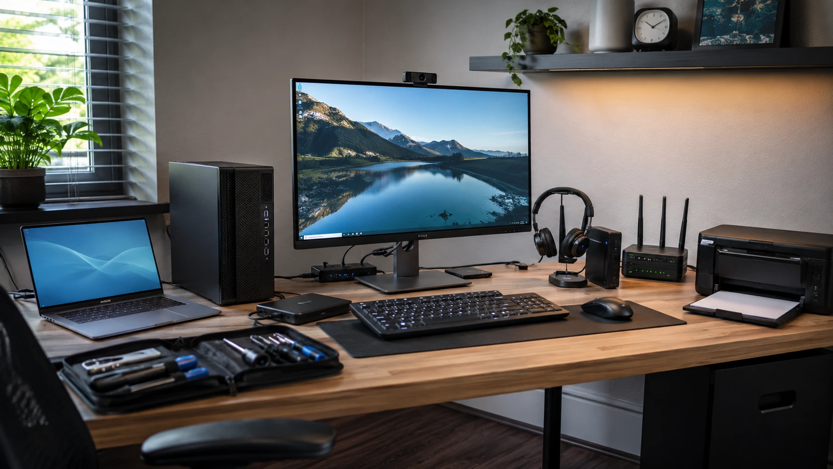 Nieuwe desktopcomputer met beeldscherm, toetsenbord en netjes aangesloten randapparatuur