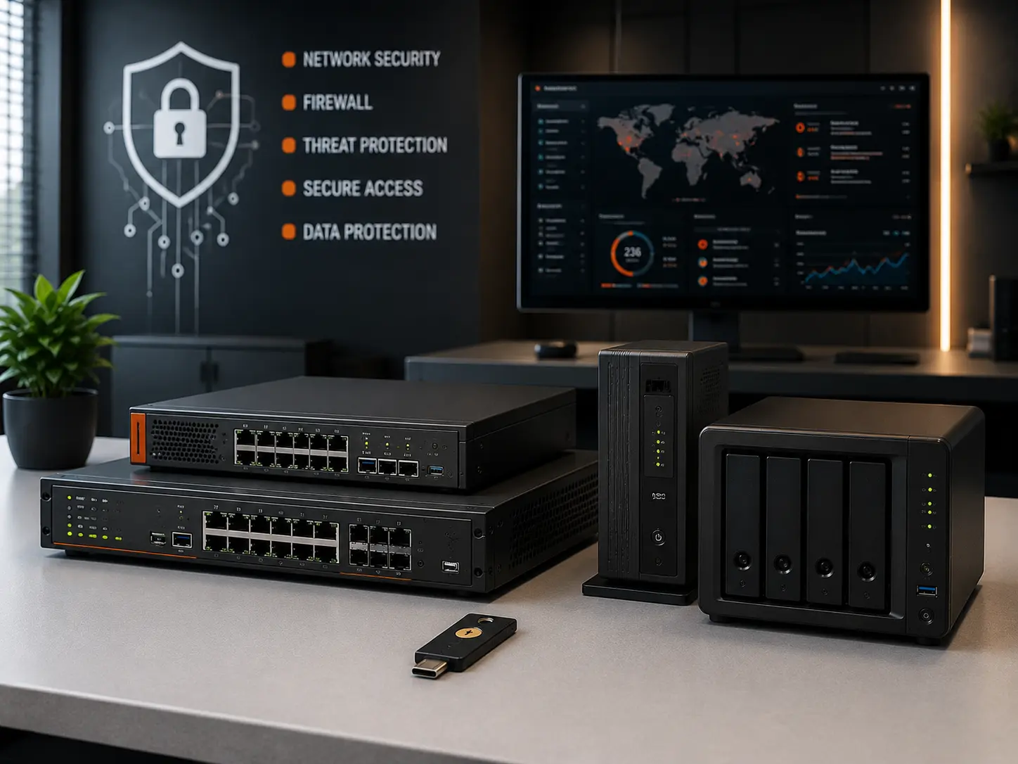 Professionele firewall, beveiligde router, managed switch en back-upapparatuur