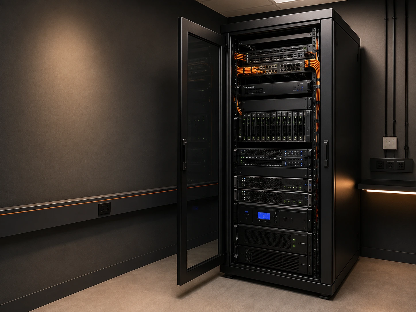 Professioneel ingerichte serverkast met server, opslag, switch en noodstroomvoorziening