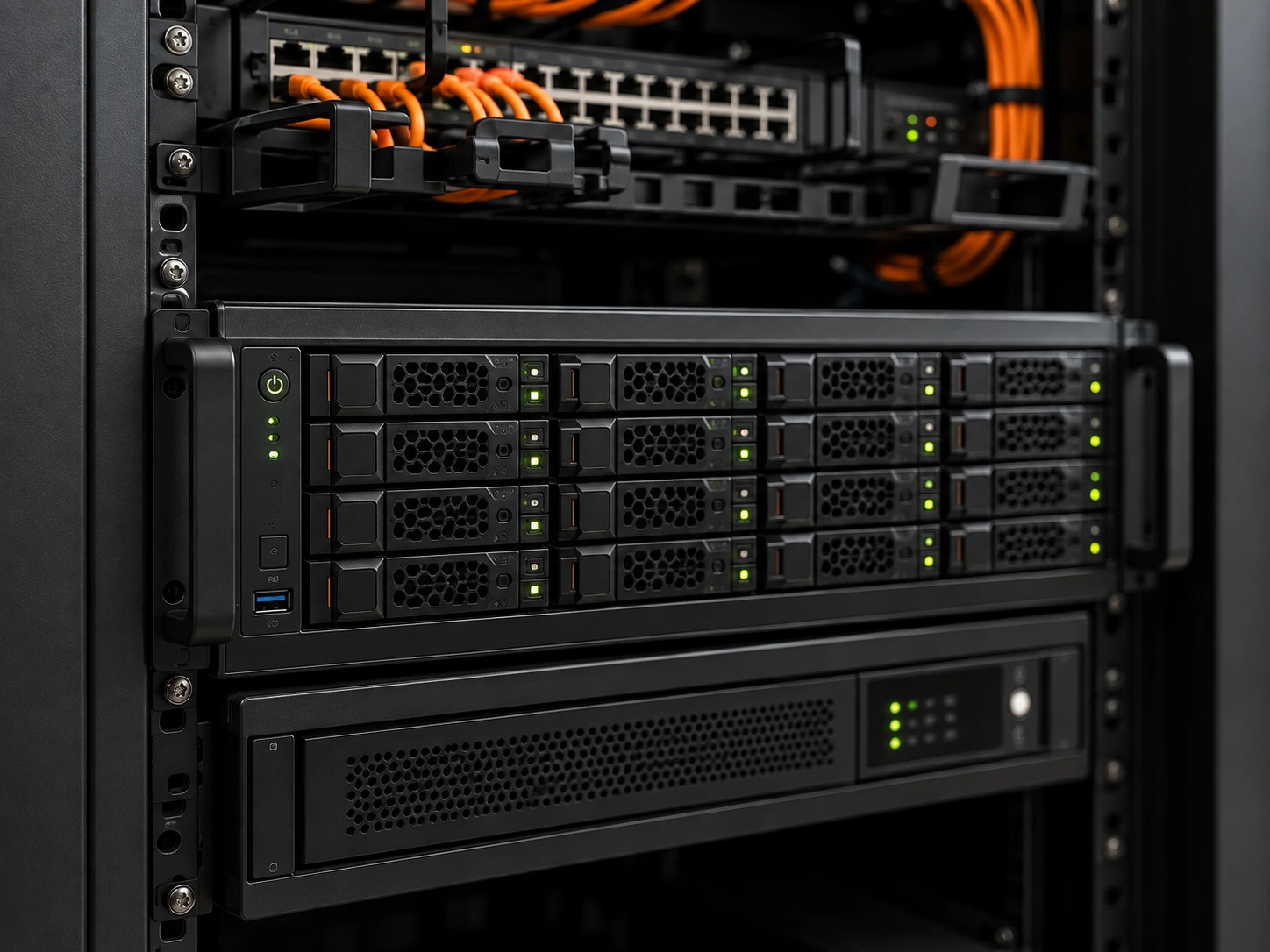 Professionele server, NAS, back-upapparaat en UPS overzichtelijk opgesteld