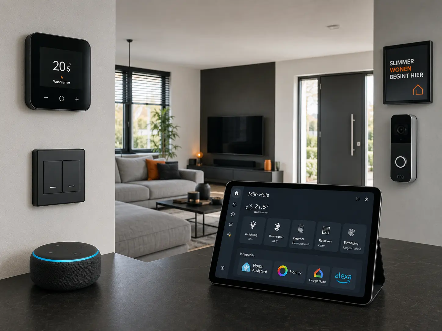 Smart Home-hub, sensoren, slimme verlichting en netwerkapparatuur